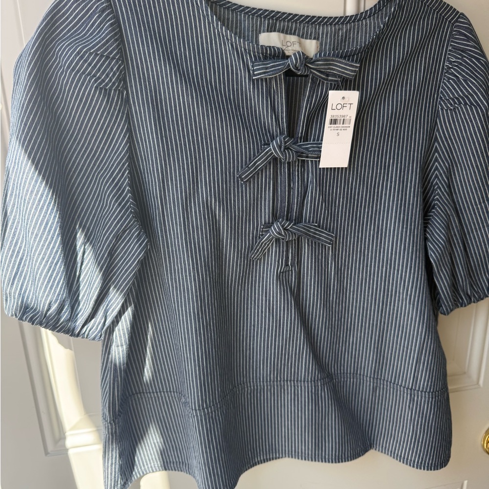 LOFT Navy Striped Bow Blouse
